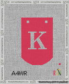 A taped needlepoint canvas with the design: Banner 13 mesh count Curved K White on Red.