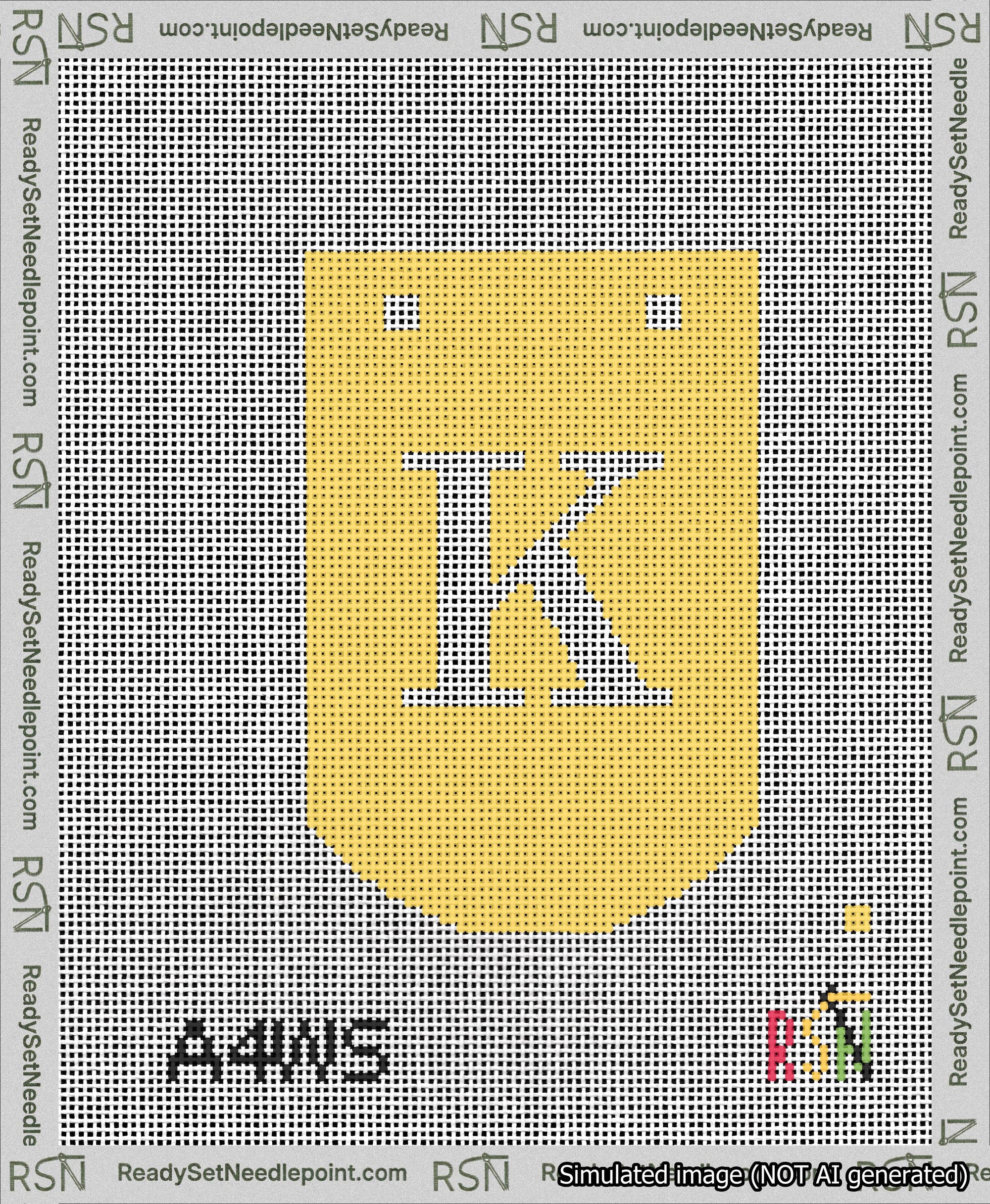 A taped needlepoint canvas with the design: Banner 13 mesh count Curved K White on Yellow.