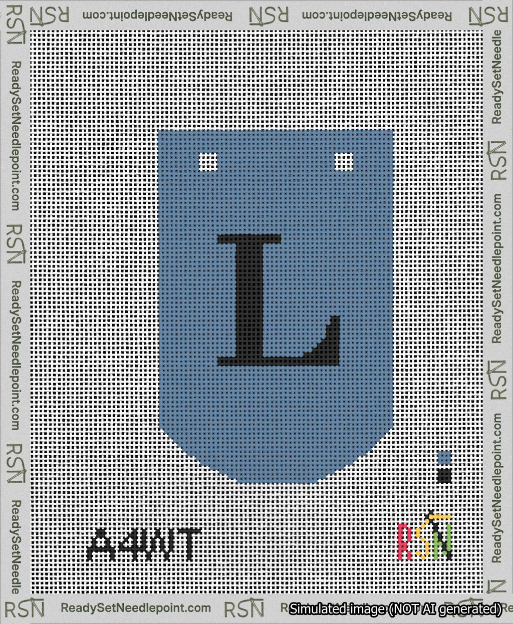 A taped needlepoint canvas with the design: Banner 13 mesh count Curved L Black on Blue.