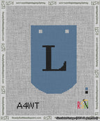 A taped needlepoint canvas with the design: Banner 13 mesh count Curved L Black on Blue.