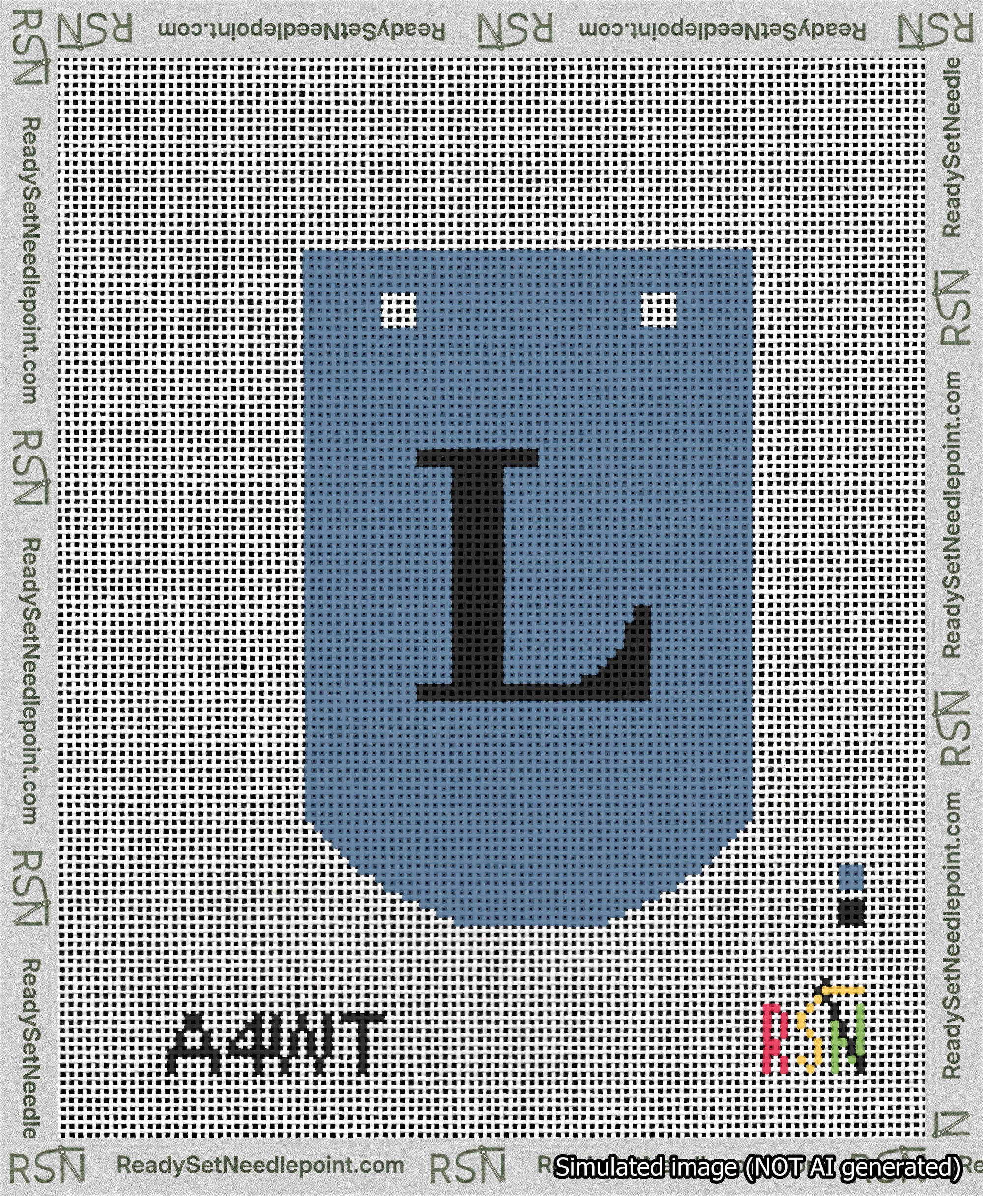 A taped needlepoint canvas with the design: Banner 13 mesh count Curved L Black on Blue.