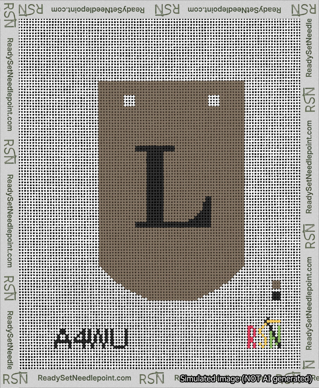 A taped needlepoint canvas with the design: Banner 13 mesh count Curved L Black on Brown.