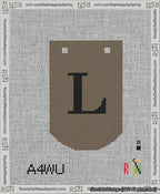 A taped needlepoint canvas with the design: Banner 13 mesh count Curved L Black on Brown.