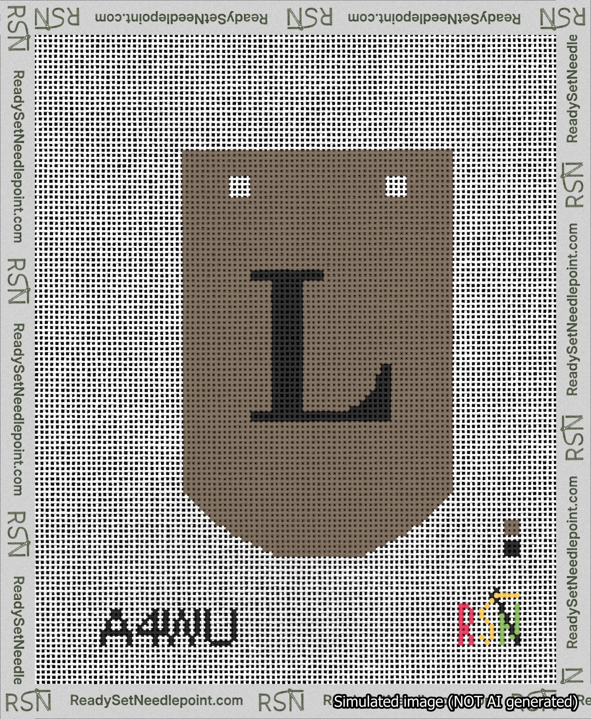 A taped needlepoint canvas with the design: Banner 13 mesh count Curved L Black on Brown.
