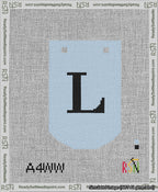 A taped needlepoint canvas with the design: Banner 13 mesh count Curved L Black on Light Blue.