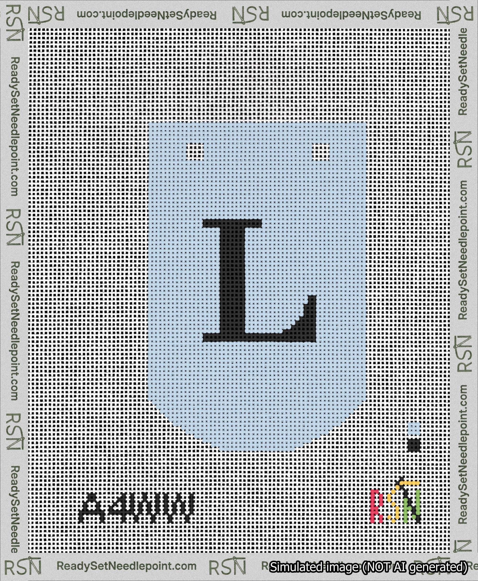 A taped needlepoint canvas with the design: Banner 13 mesh count Curved L Black on Light Blue.