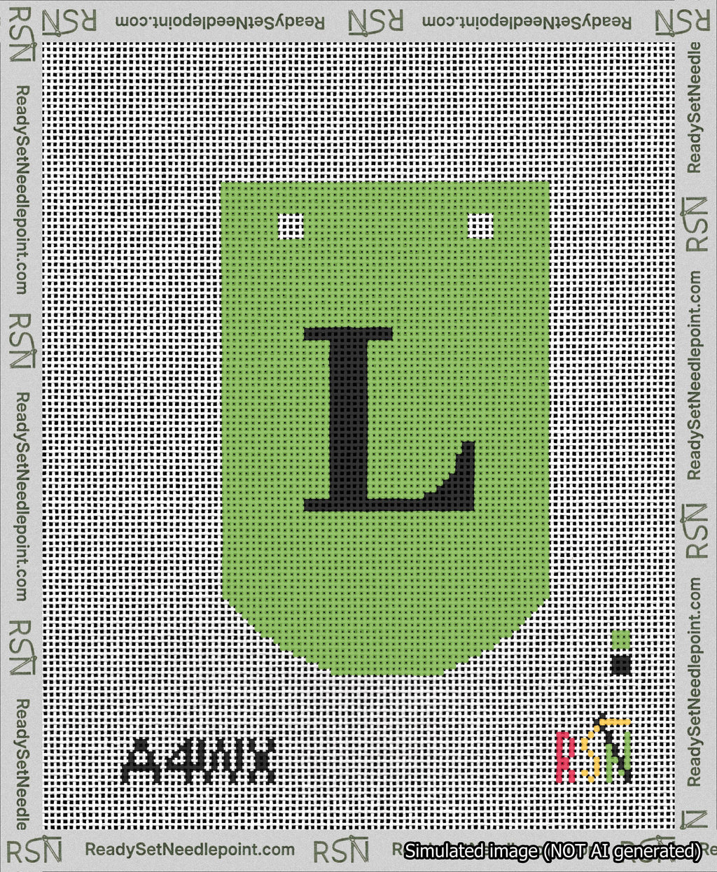 A taped needlepoint canvas with the design: Banner 13 mesh count Curved L Black on Light Green.