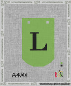 A taped needlepoint canvas with the design: Banner 13 mesh count Curved L Black on Light Green.