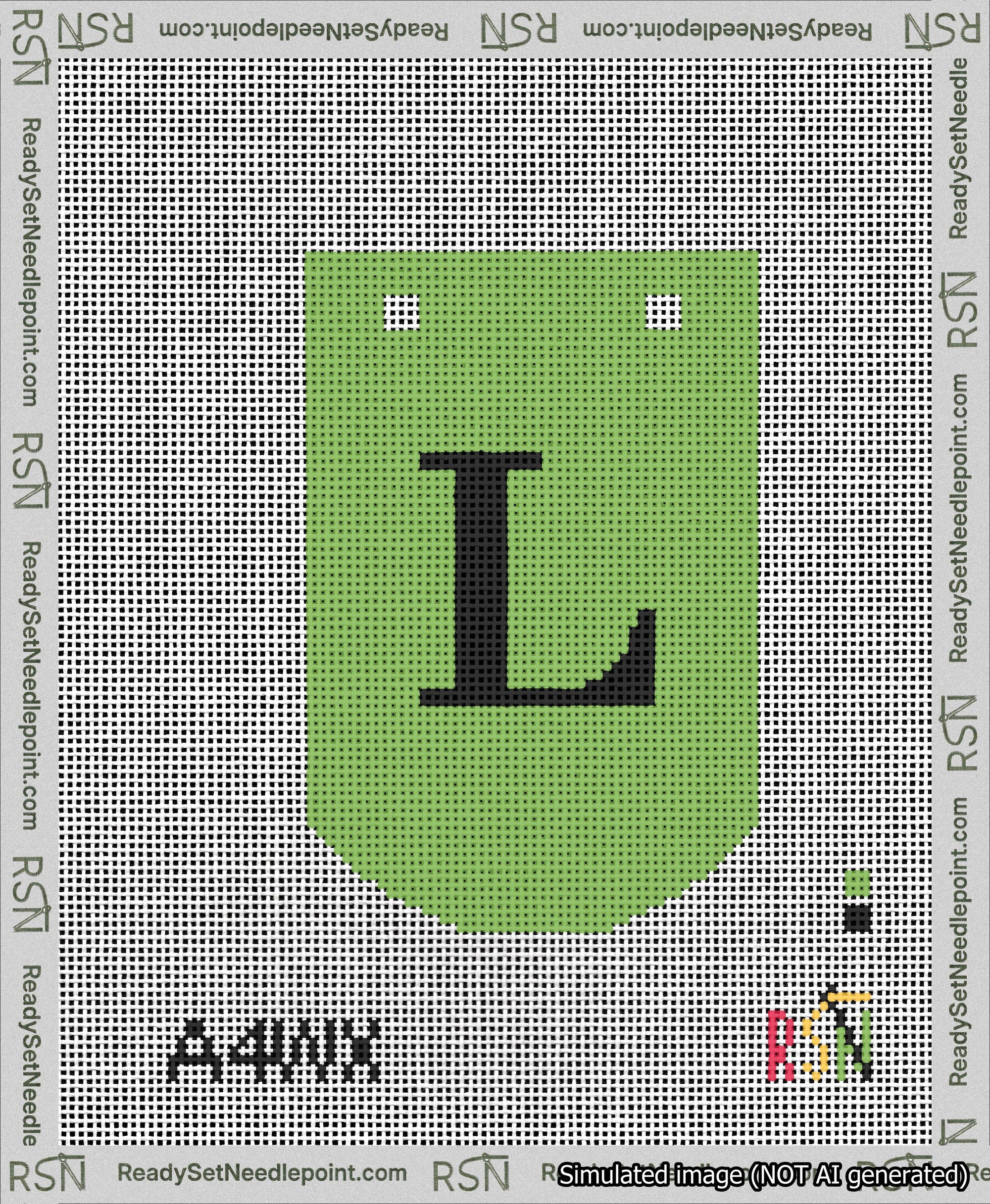 A taped needlepoint canvas with the design: Banner 13 mesh count Curved L Black on Light Green.
