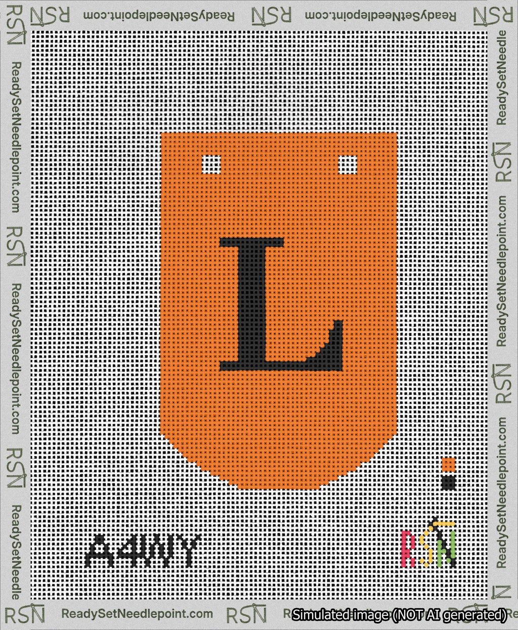 A taped needlepoint canvas with the design: Banner 13 mesh count Curved L Black on Orange.