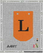 A taped needlepoint canvas with the design: Banner 13 mesh count Curved L Black on Orange.