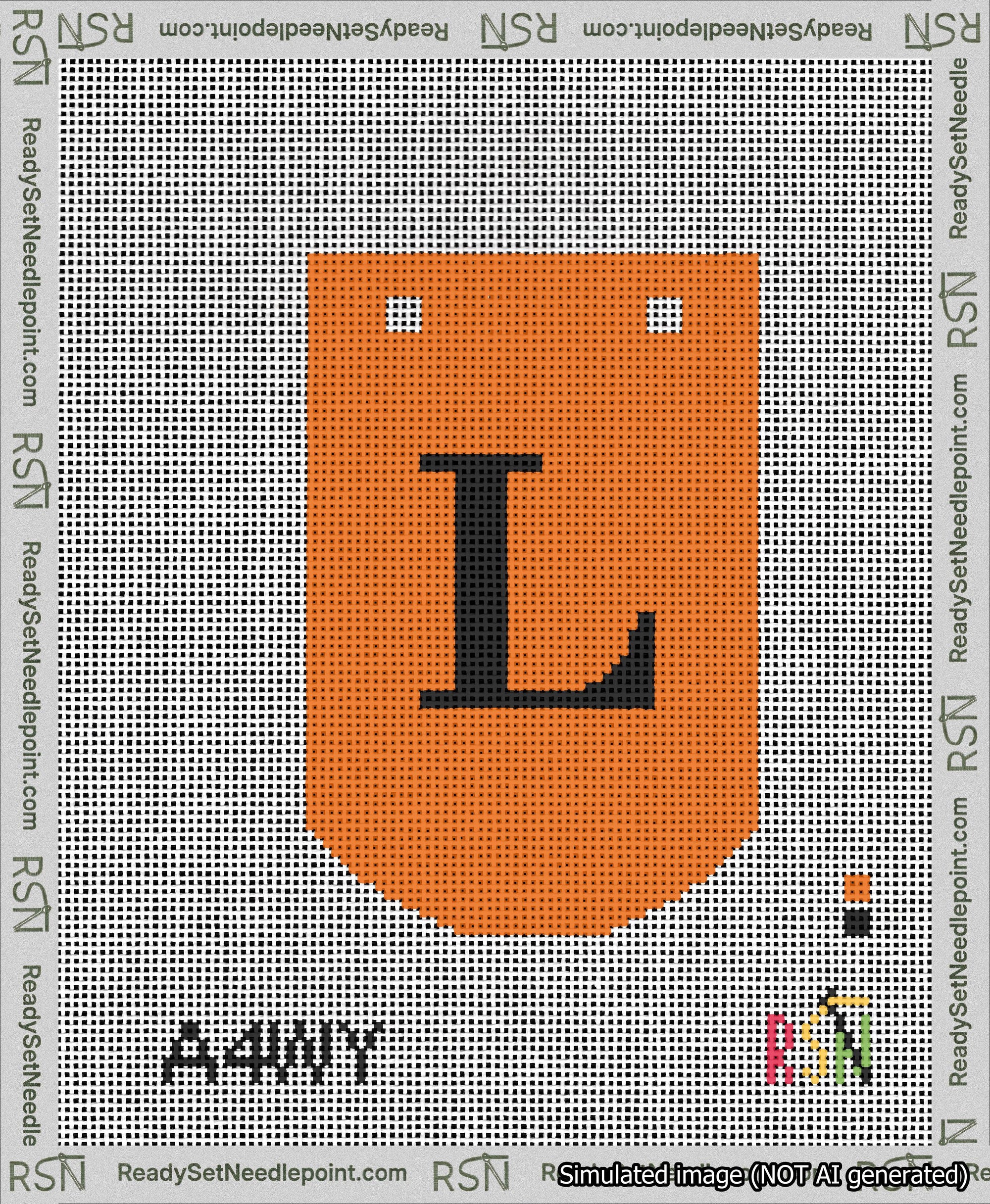 A taped needlepoint canvas with the design: Banner 13 mesh count Curved L Black on Orange.