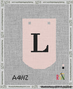A taped needlepoint canvas with the design: Banner 13 mesh count Curved L Black on Pink.