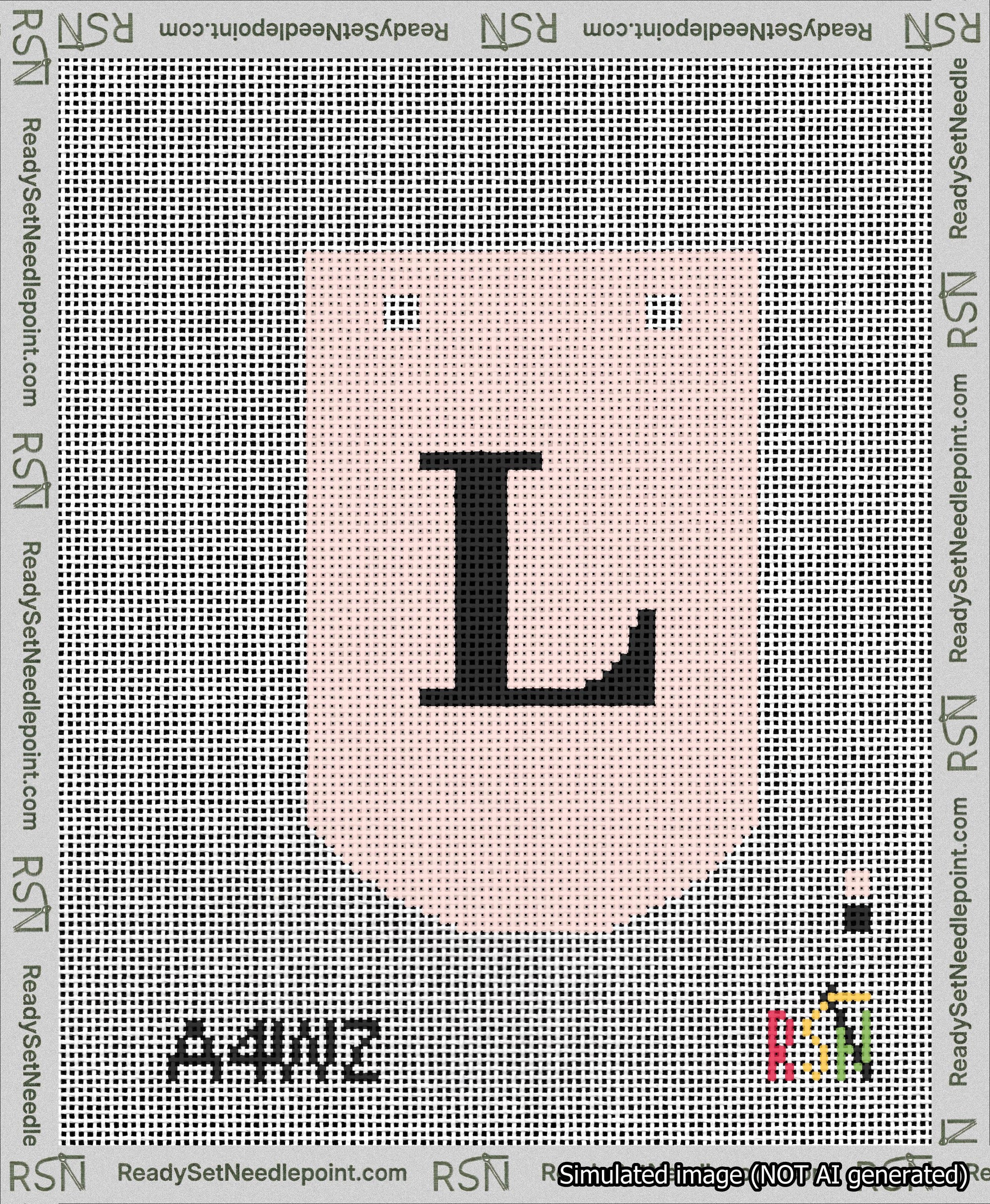 A taped needlepoint canvas with the design: Banner 13 mesh count Curved L Black on Pink.