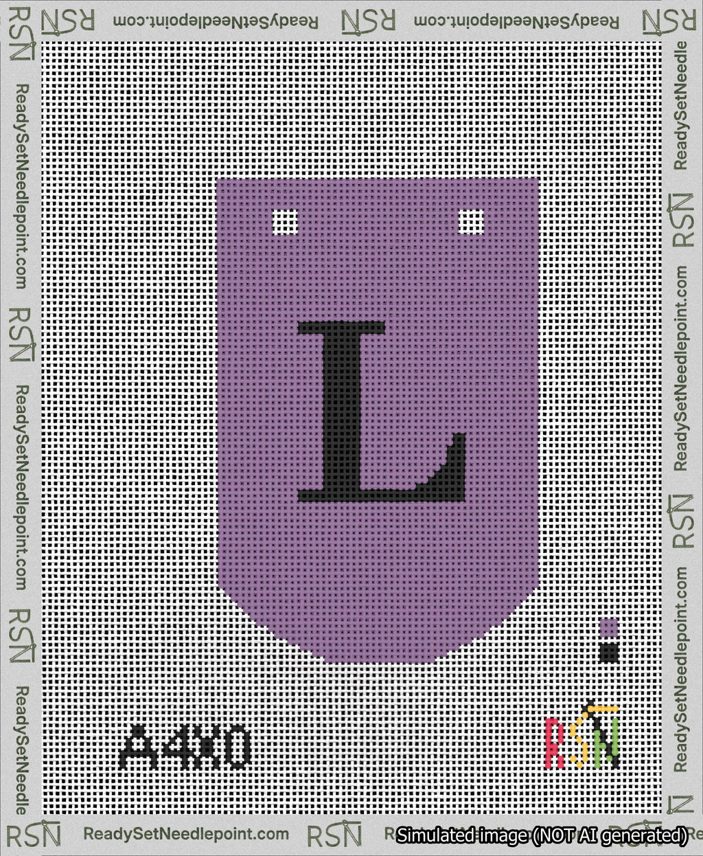 A taped needlepoint canvas with the design: Banner 13 mesh count Curved L Black on Purple.