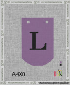 A taped needlepoint canvas with the design: Banner 13 mesh count Curved L Black on Purple.
