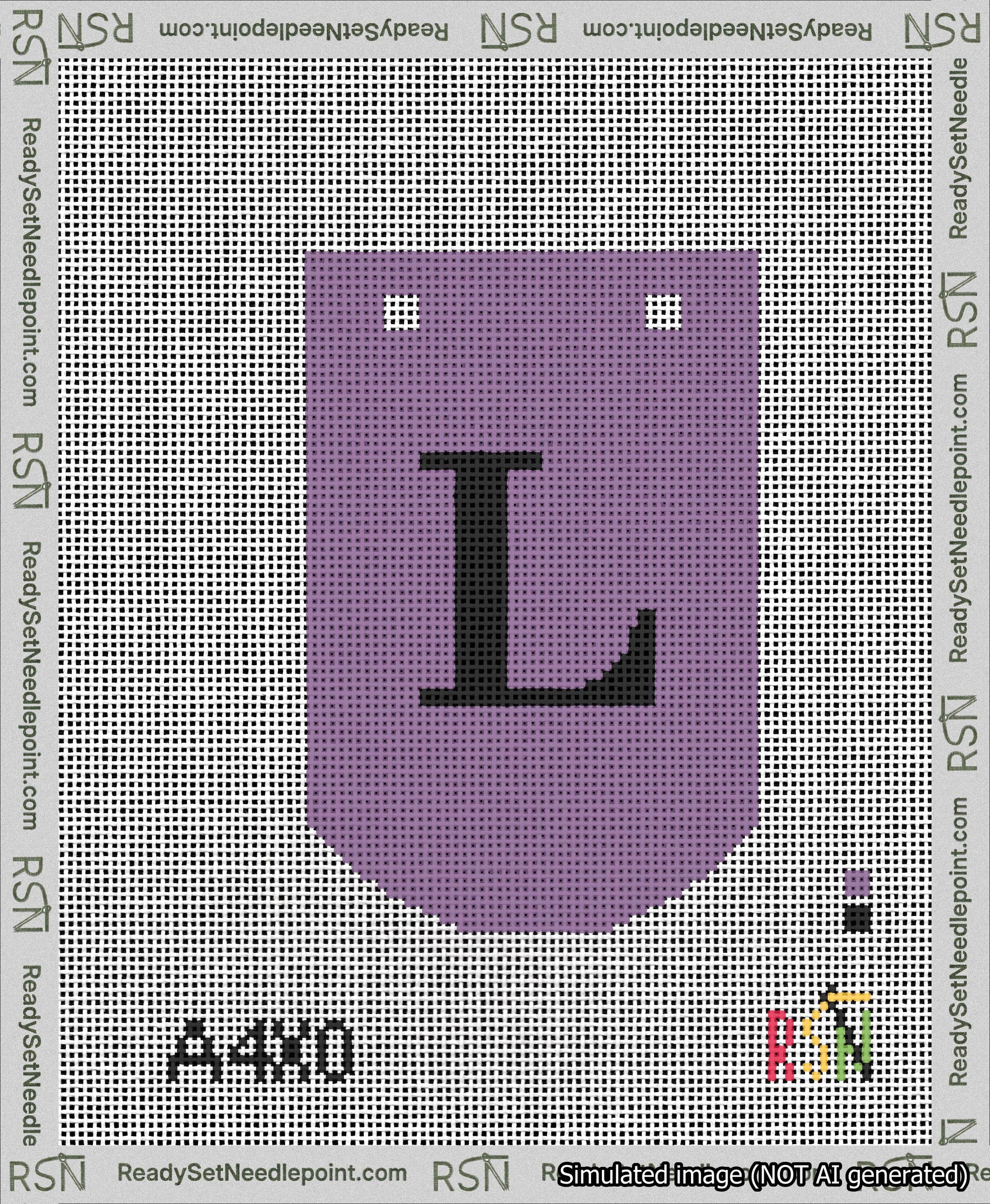 A taped needlepoint canvas with the design: Banner 13 mesh count Curved L Black on Purple.