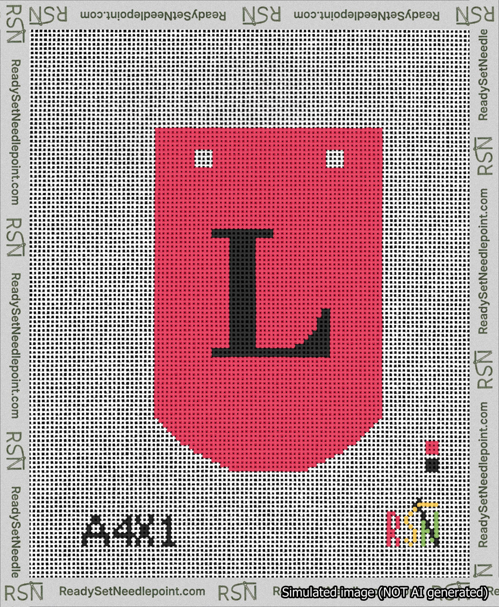 A taped needlepoint canvas with the design: Banner 13 mesh count Curved L Black on Red.