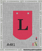 A taped needlepoint canvas with the design: Banner 13 mesh count Curved L Black on Red.