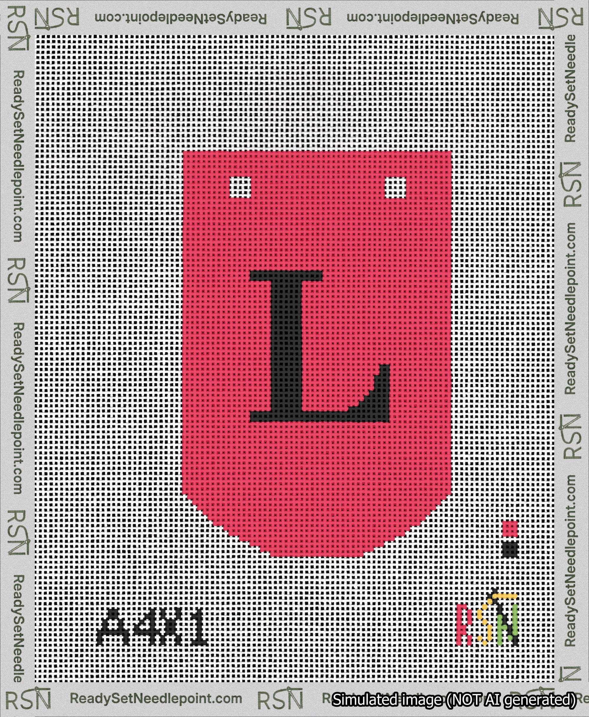 A taped needlepoint canvas with the design: Banner 13 mesh count Curved L Black on Red.