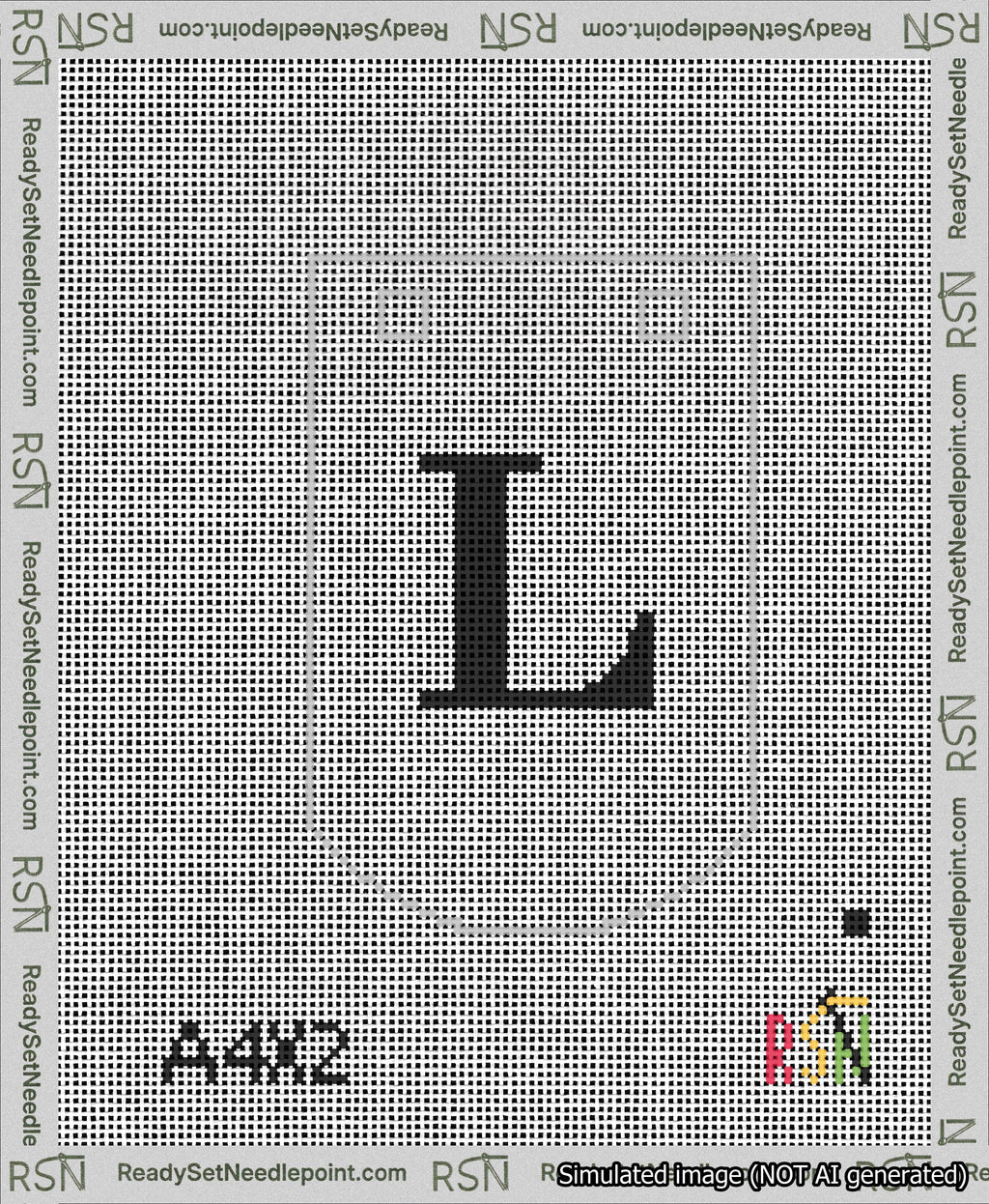 A taped needlepoint canvas with the design: Banner 13 mesh count Curved L Black on White.