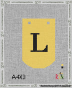 A taped needlepoint canvas with the design: Banner 13 mesh count Curved L Black on Yellow.