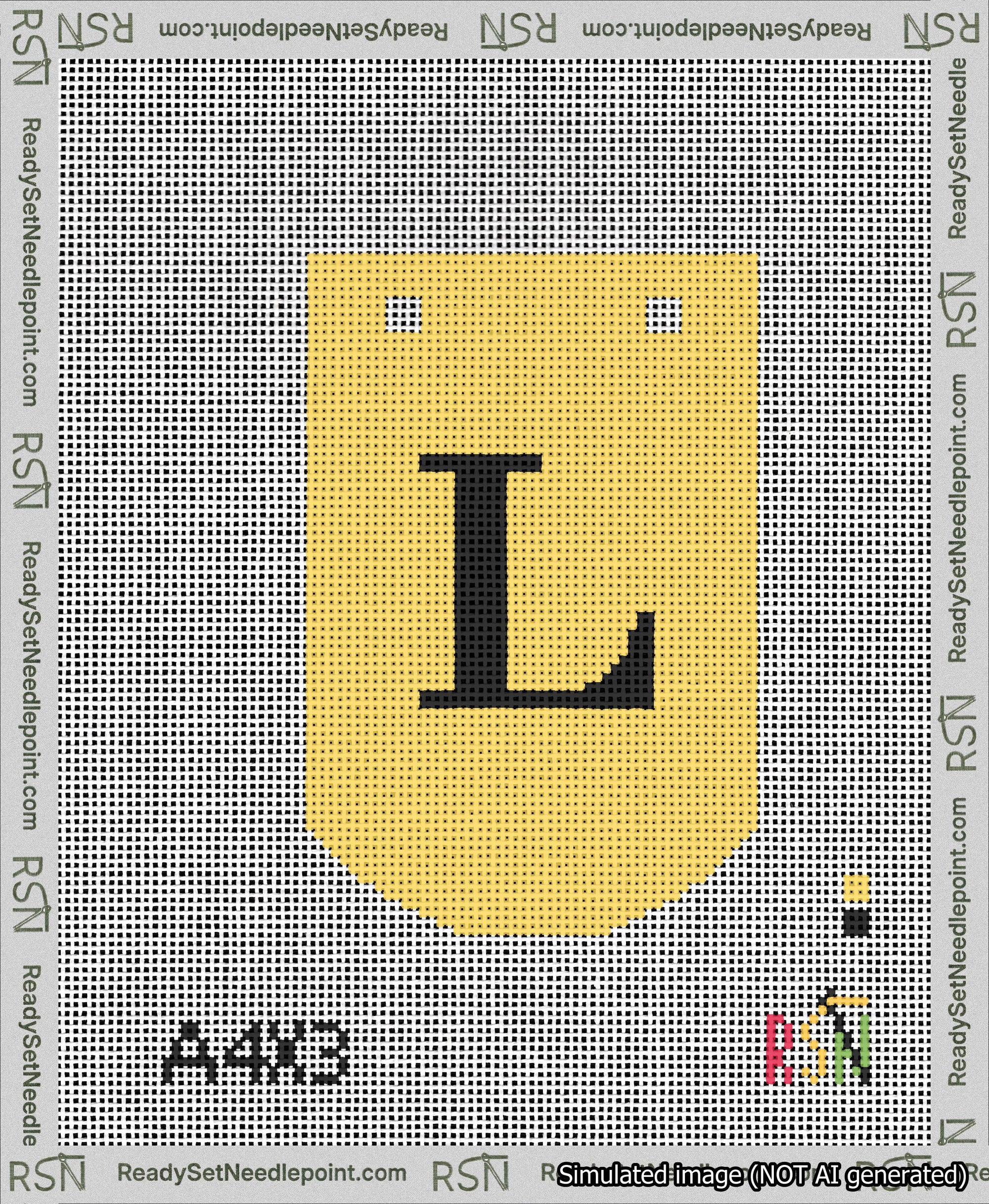 A taped needlepoint canvas with the design: Banner 13 mesh count Curved L Black on Yellow.