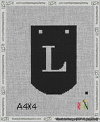 A taped needlepoint canvas with the design: Banner 13 mesh count Curved L White on Black.