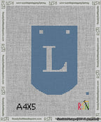 A taped needlepoint canvas with the design: Banner 13 mesh count Curved L White on Blue.