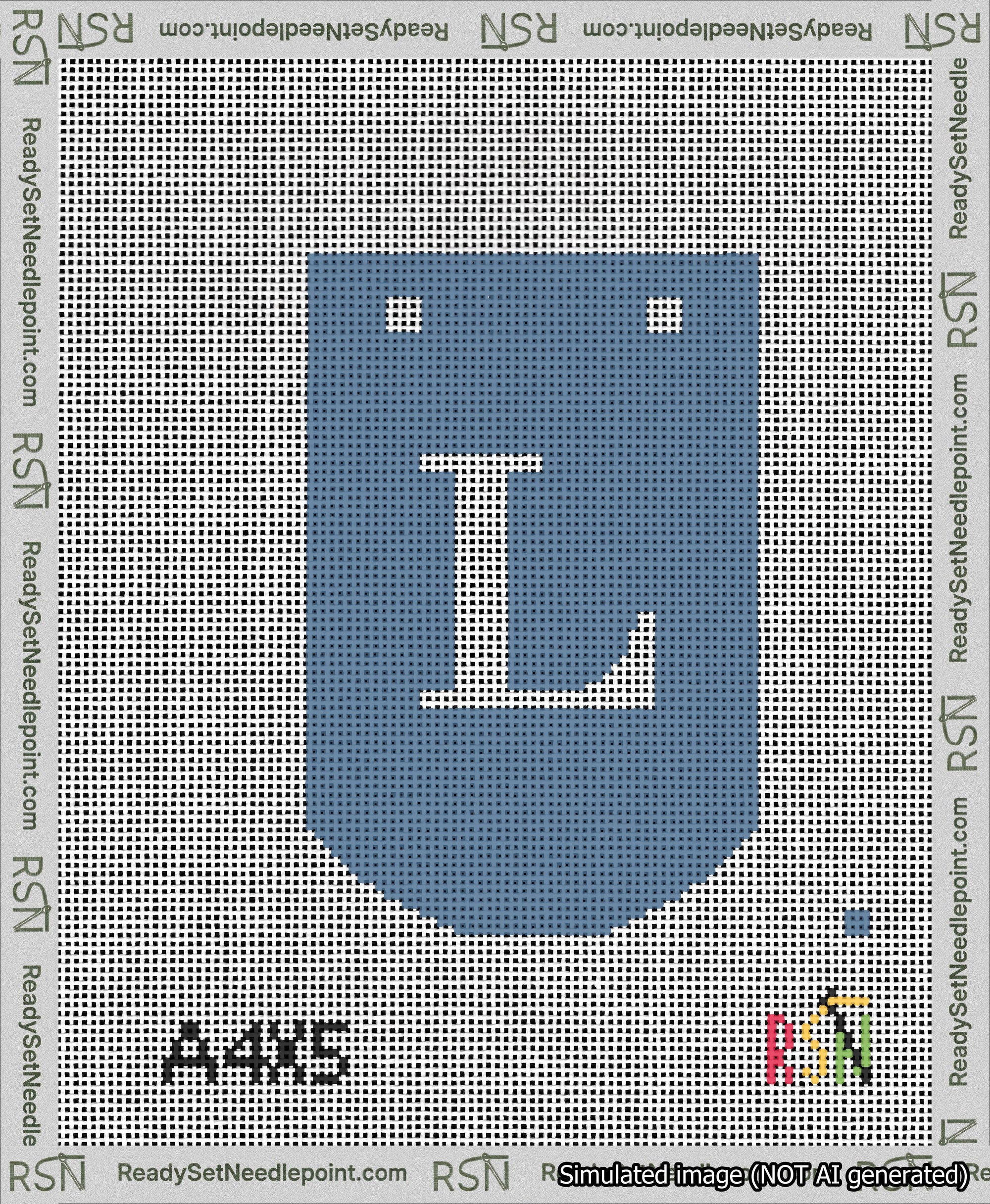 A taped needlepoint canvas with the design: Banner 13 mesh count Curved L White on Blue.