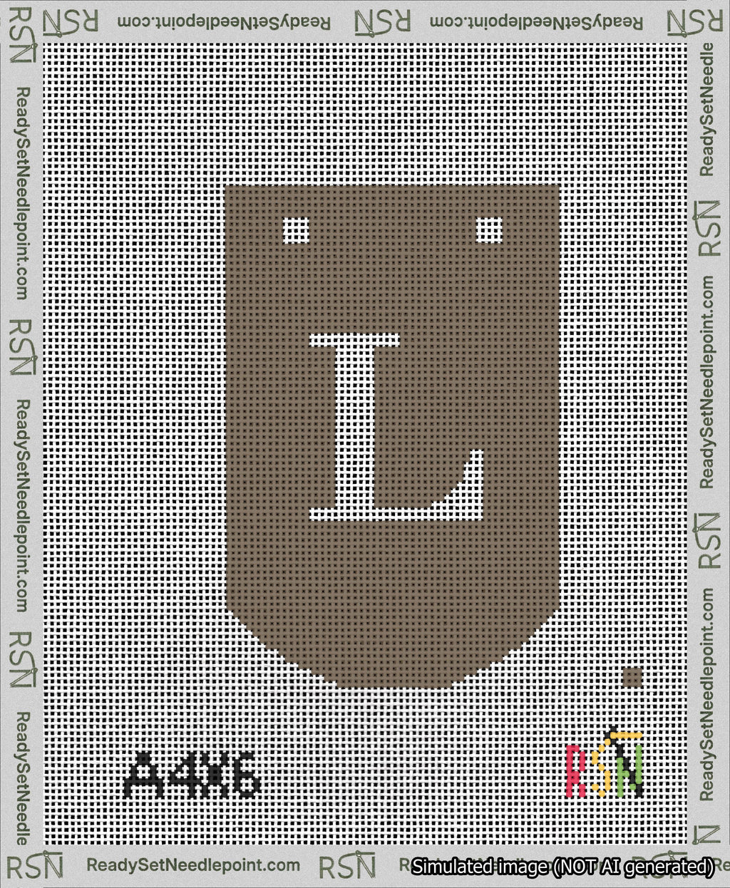 A taped needlepoint canvas with the design: Banner 13 mesh count Curved L White on Brown.