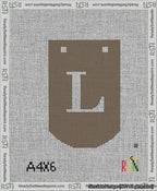 A taped needlepoint canvas with the design: Banner 13 mesh count Curved L White on Brown.