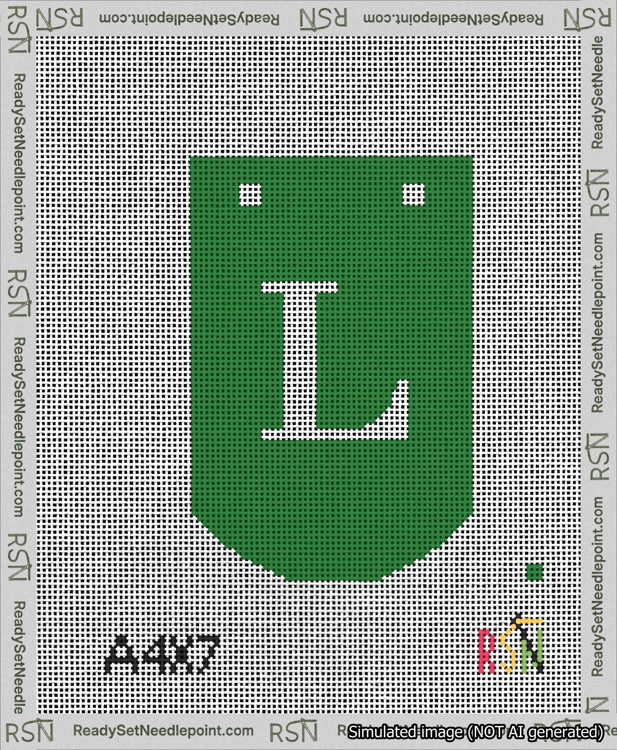 A taped needlepoint canvas with the design: Banner 13 mesh count Curved L White on Green.