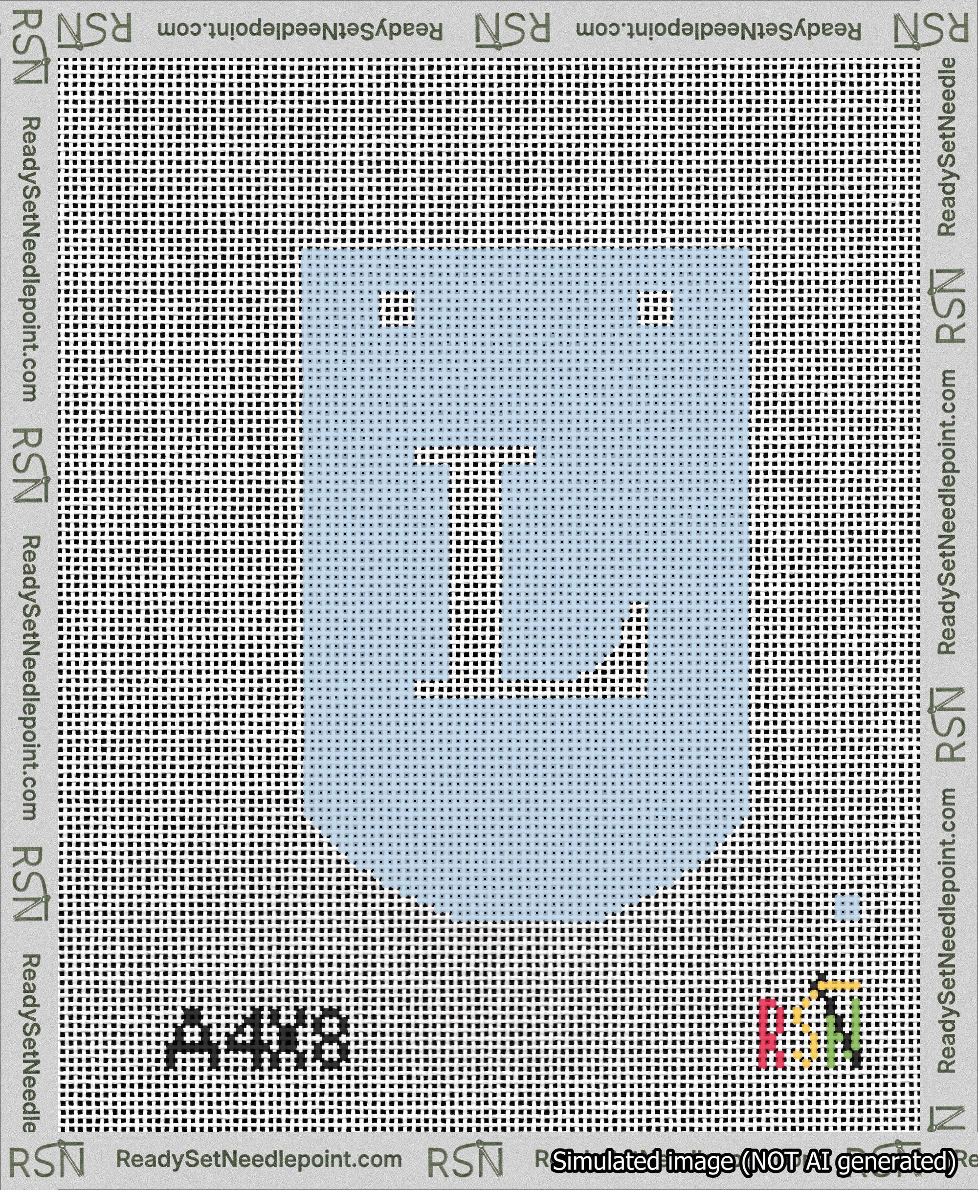 A taped needlepoint canvas with the design: Banner 13 mesh count Curved L White on Light Blue.