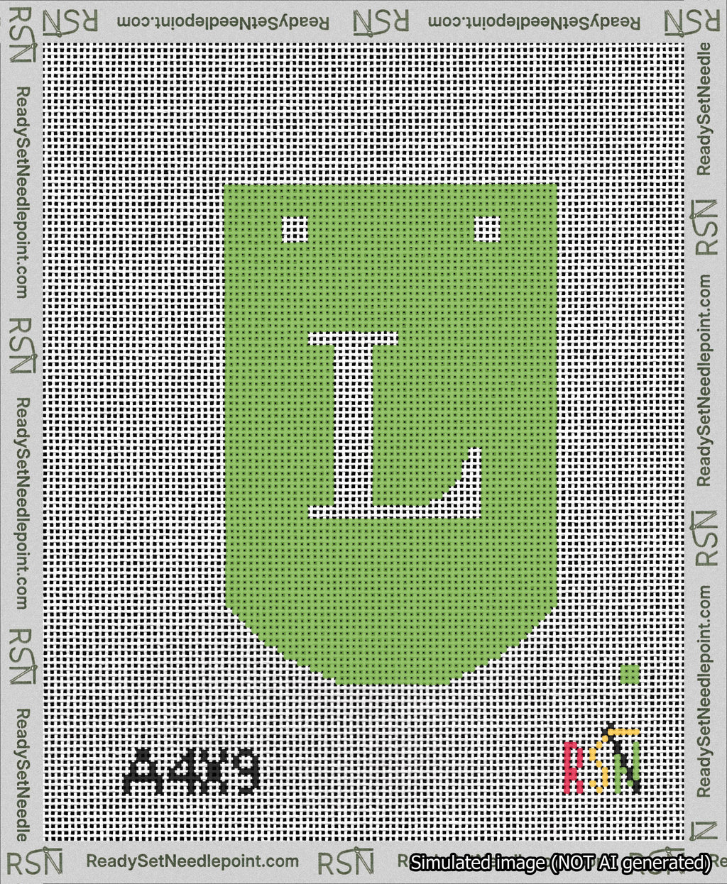 A taped needlepoint canvas with the design: Banner 13 mesh count Curved L White on Light Green.
