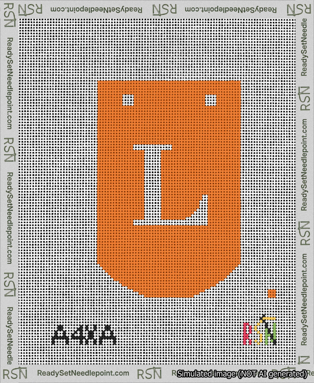 A taped needlepoint canvas with the design: Banner 13 mesh count Curved L White on Orange.