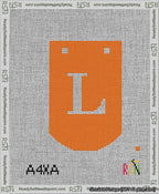 A taped needlepoint canvas with the design: Banner 13 mesh count Curved L White on Orange.