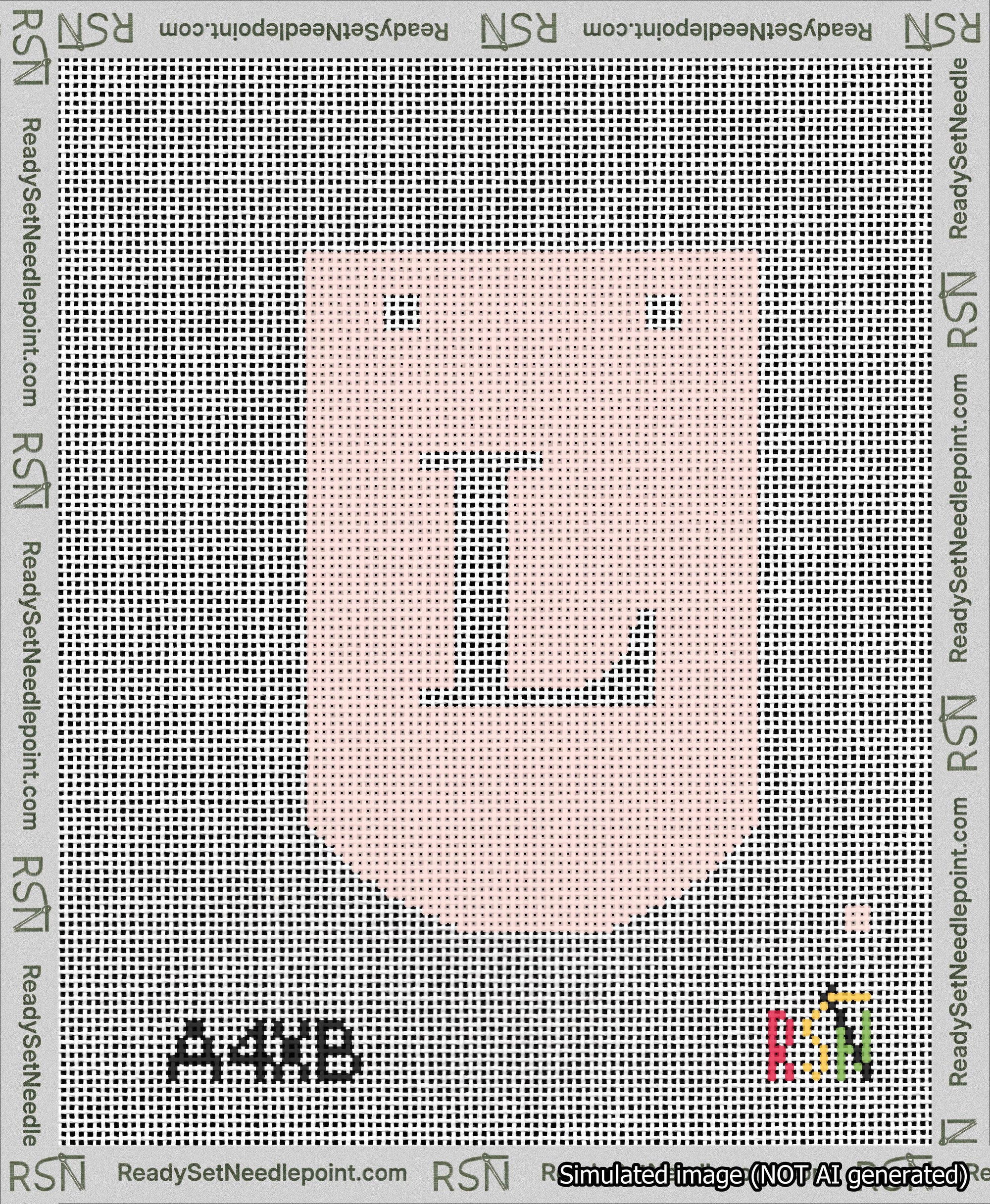 A taped needlepoint canvas with the design: Banner 13 mesh count Curved L White on Pink.
