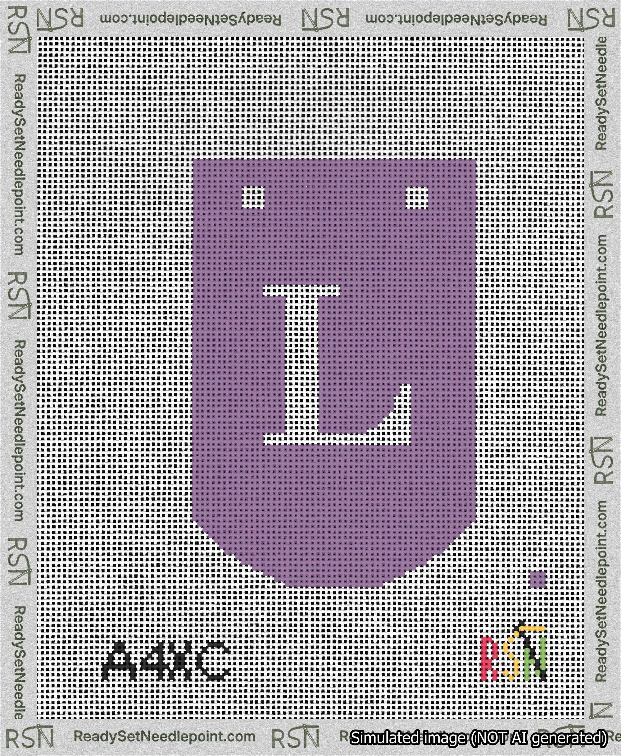 A taped needlepoint canvas with the design: Banner 13 mesh count Curved L White on Purple.