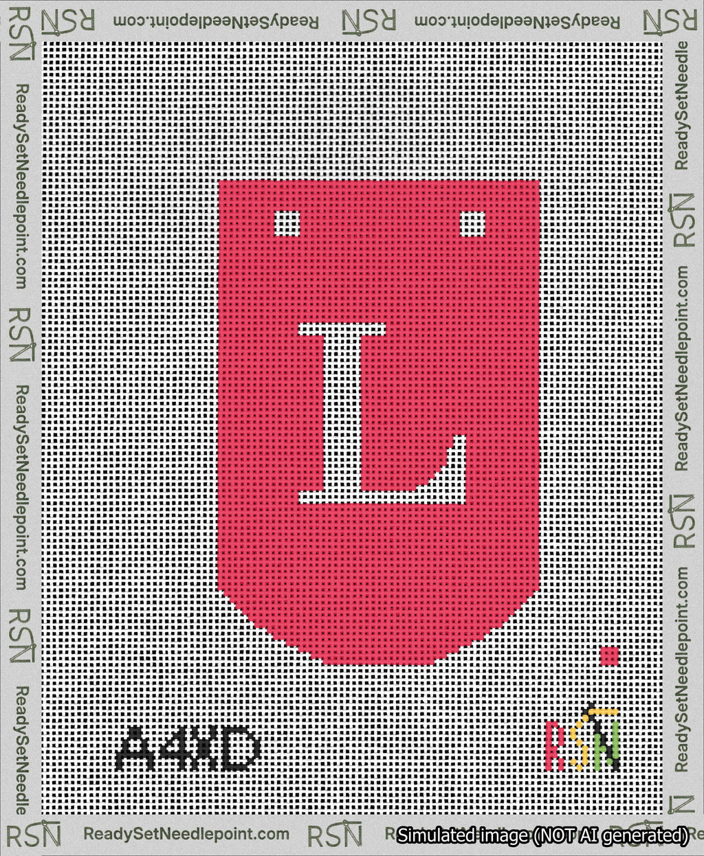 A taped needlepoint canvas with the design: Banner 13 mesh count Curved L White on Red.