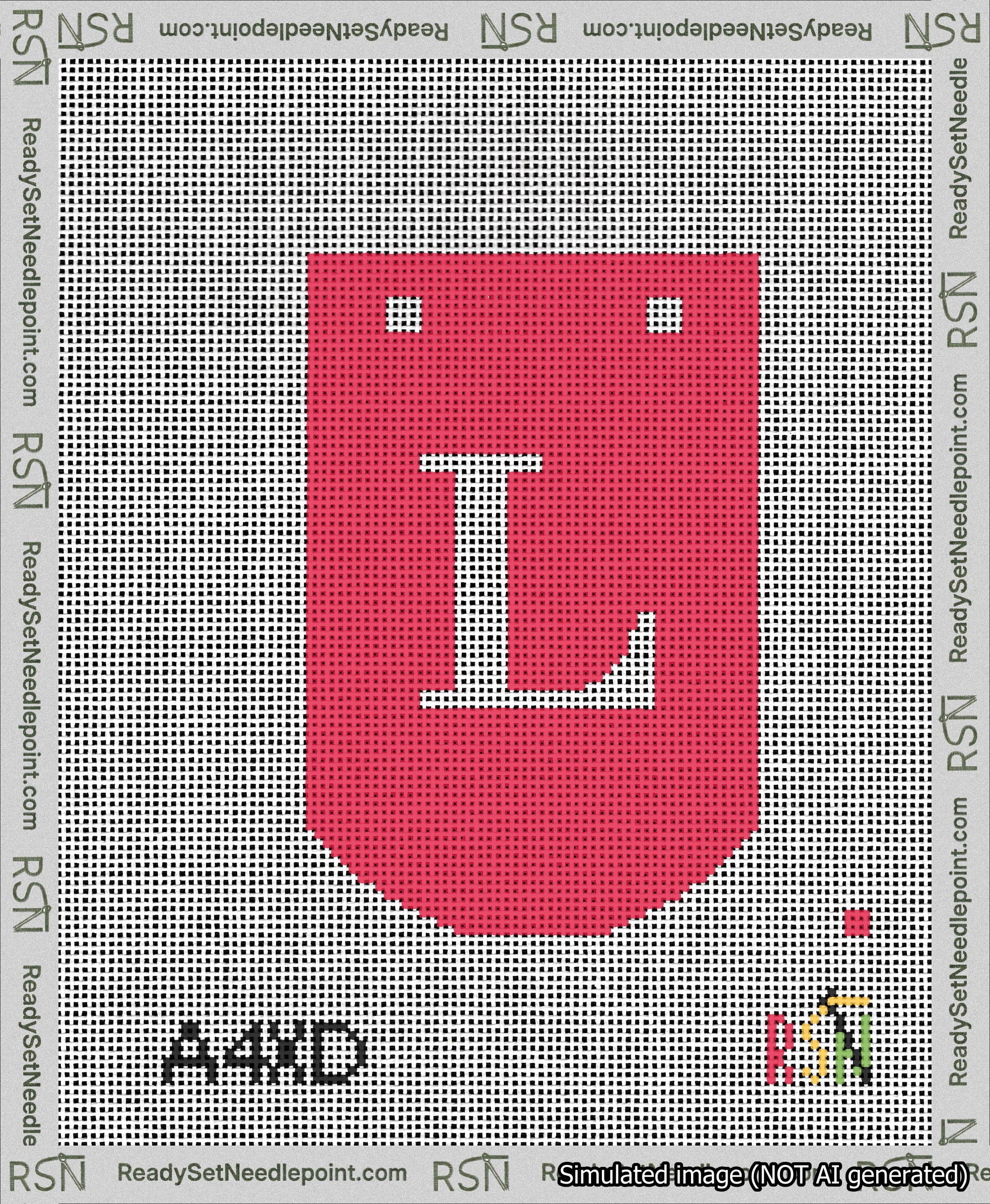 A taped needlepoint canvas with the design: Banner 13 mesh count Curved L White on Red.