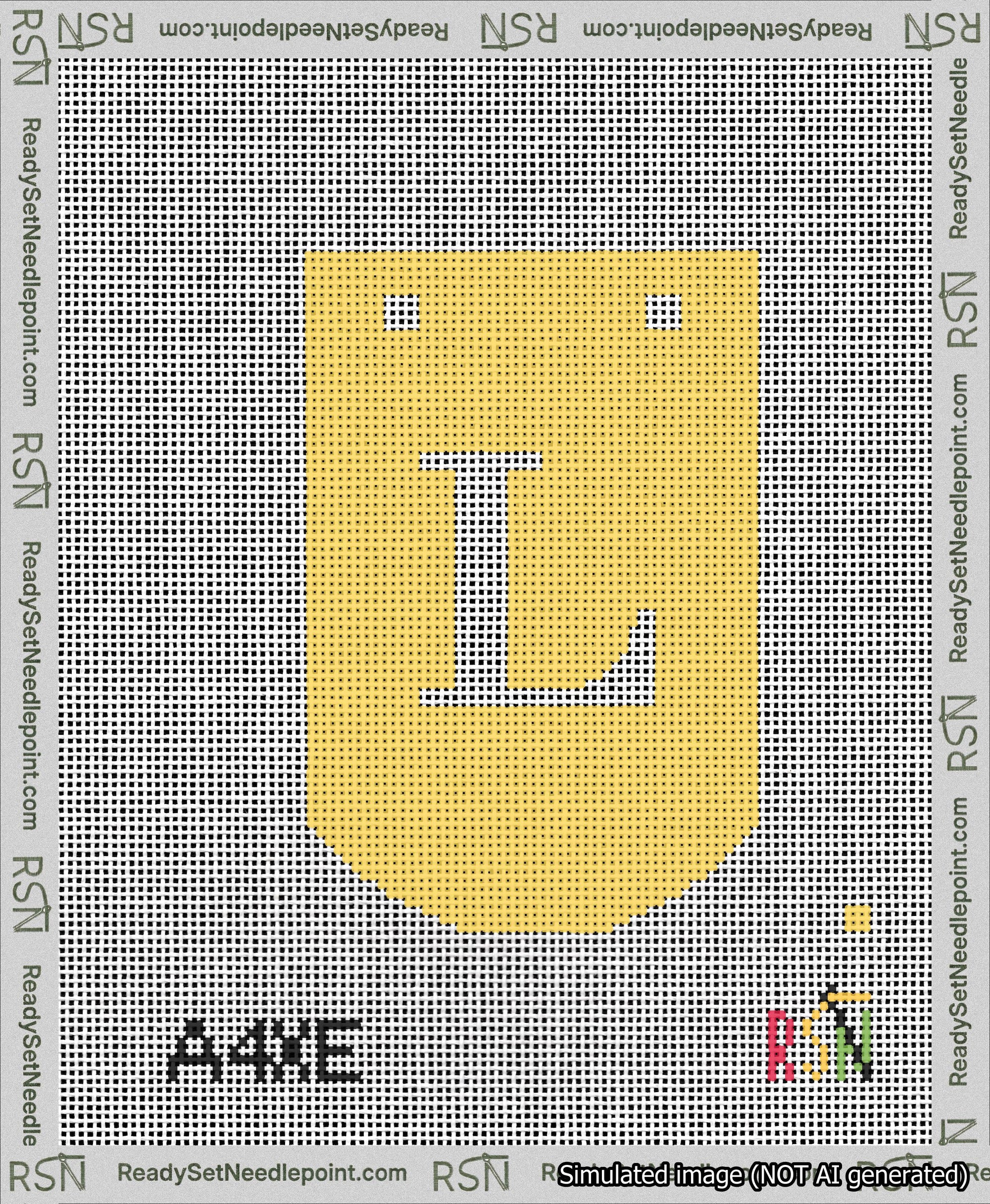 A taped needlepoint canvas with the design: Banner 13 mesh count Curved L White on Yellow.