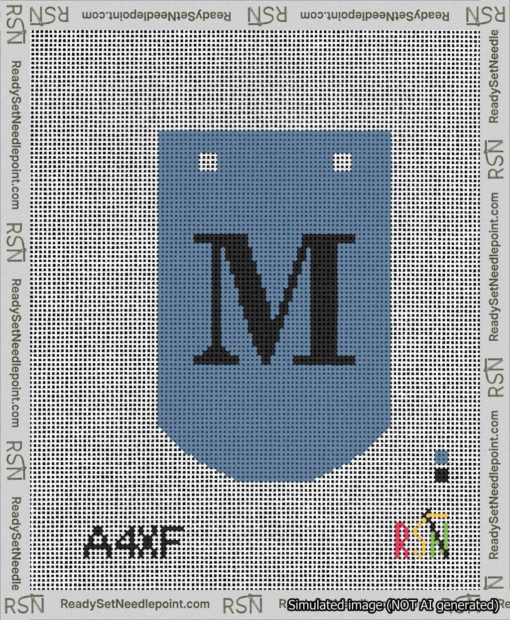 A taped needlepoint canvas with the design: Banner 13 mesh count Curved M Black on Blue.