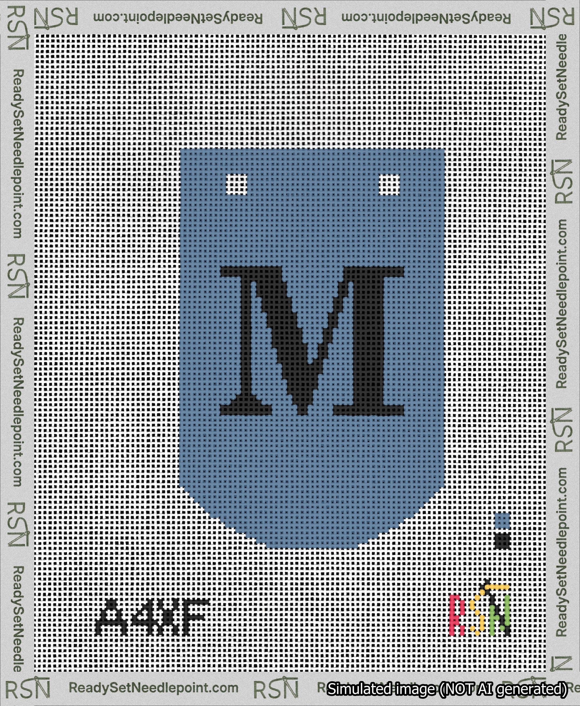 A taped needlepoint canvas with the design: Banner 13 mesh count Curved M Black on Blue.