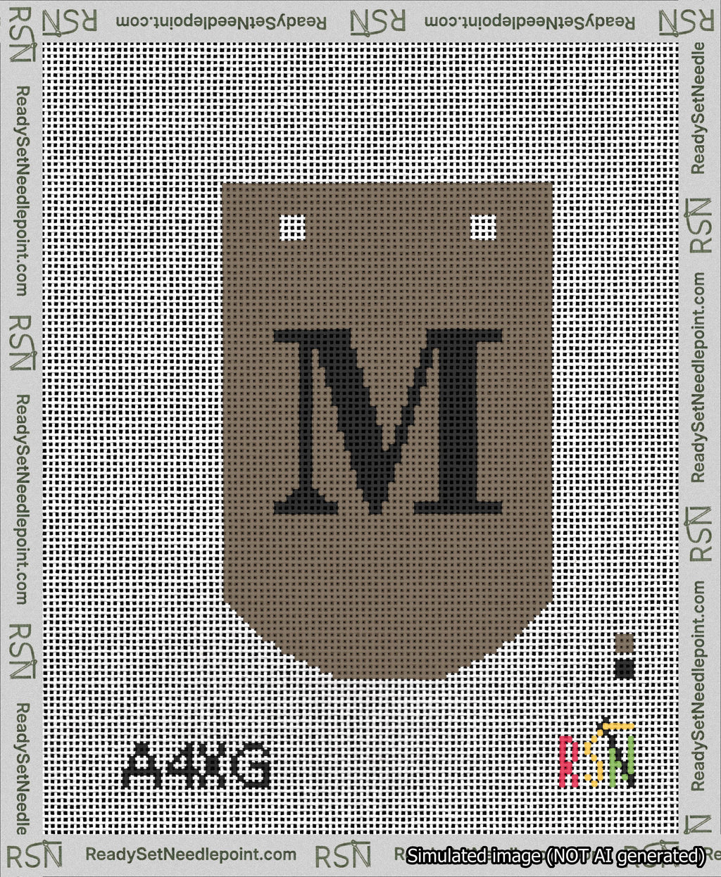 A taped needlepoint canvas with the design: Banner 13 mesh count Curved M Black on Brown.