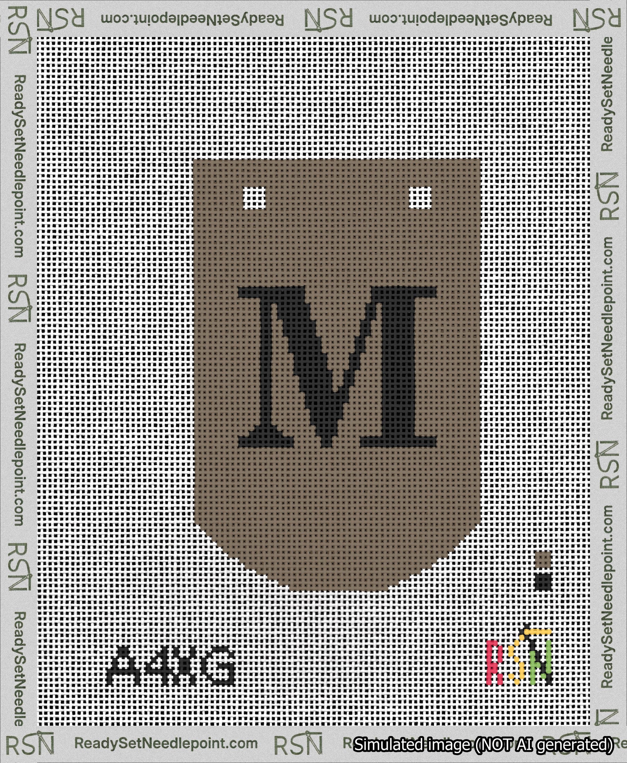 A taped needlepoint canvas with the design: Banner 13 mesh count Curved M Black on Brown.