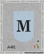 A taped needlepoint canvas with the design: Banner 13 mesh count Curved M Black on Light Blue.