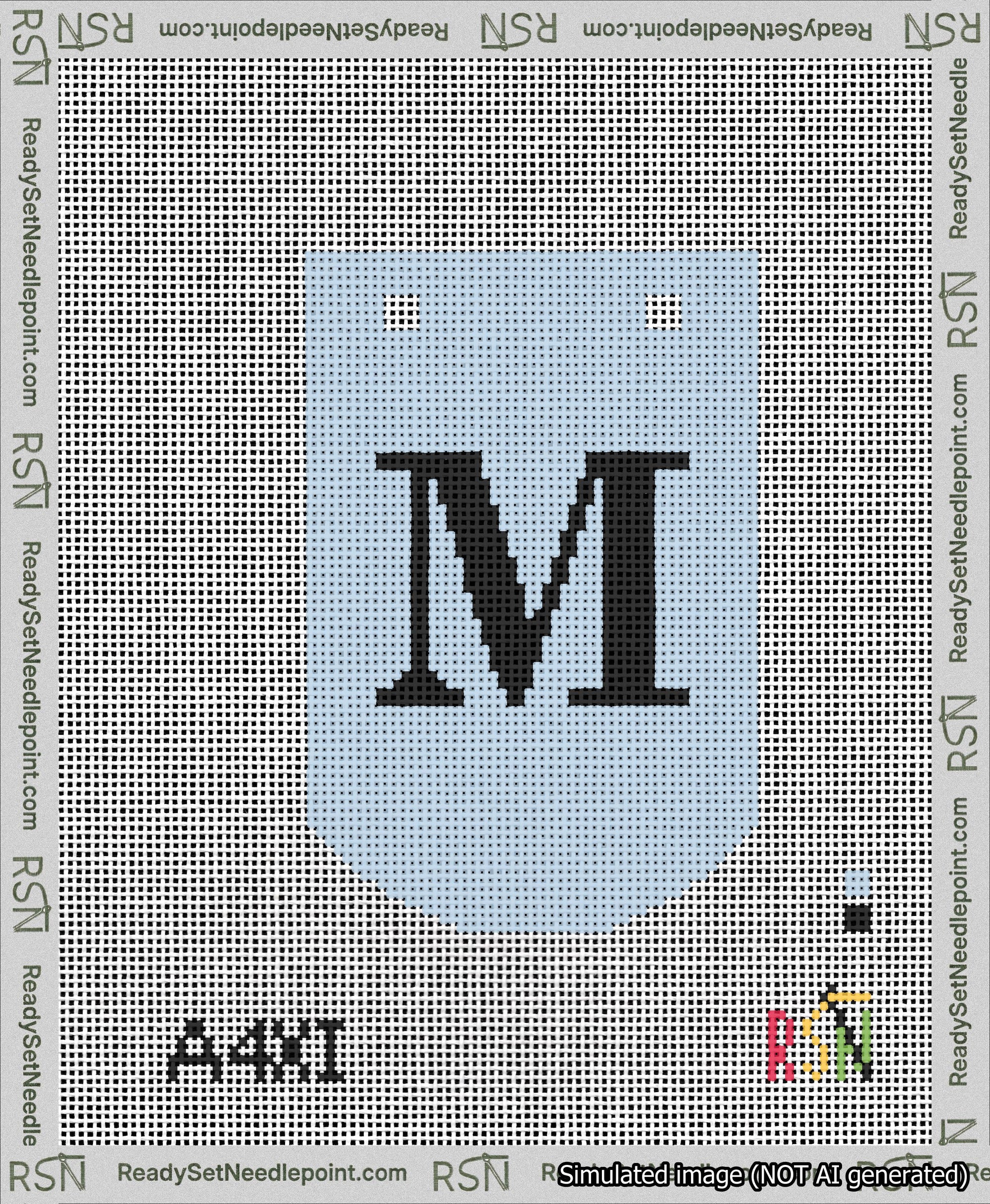 A taped needlepoint canvas with the design: Banner 13 mesh count Curved M Black on Light Blue.