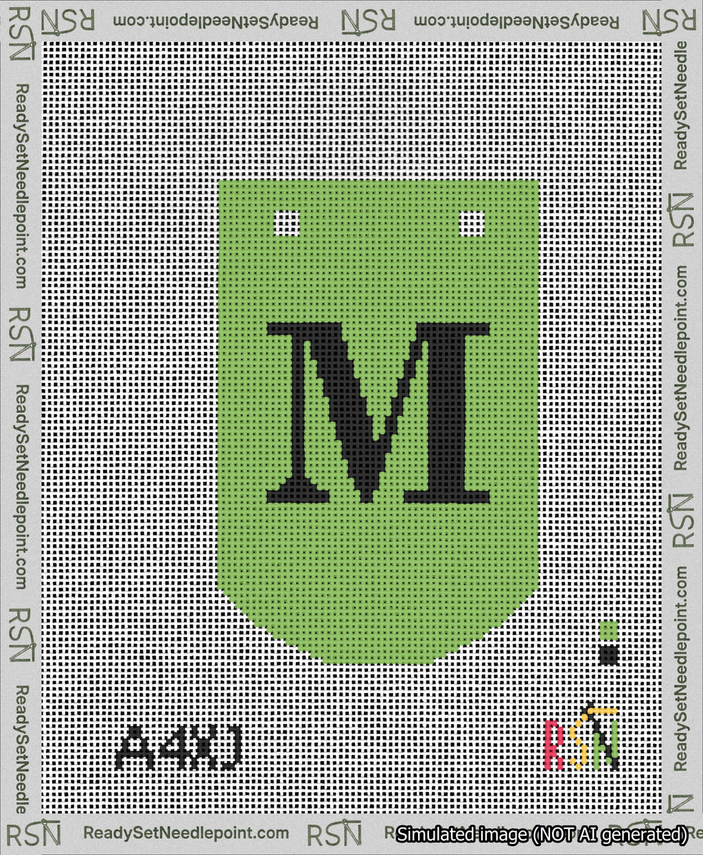 A taped needlepoint canvas with the design: Banner 13 mesh count Curved M Black on Light Green.