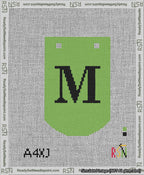 A taped needlepoint canvas with the design: Banner 13 mesh count Curved M Black on Light Green.